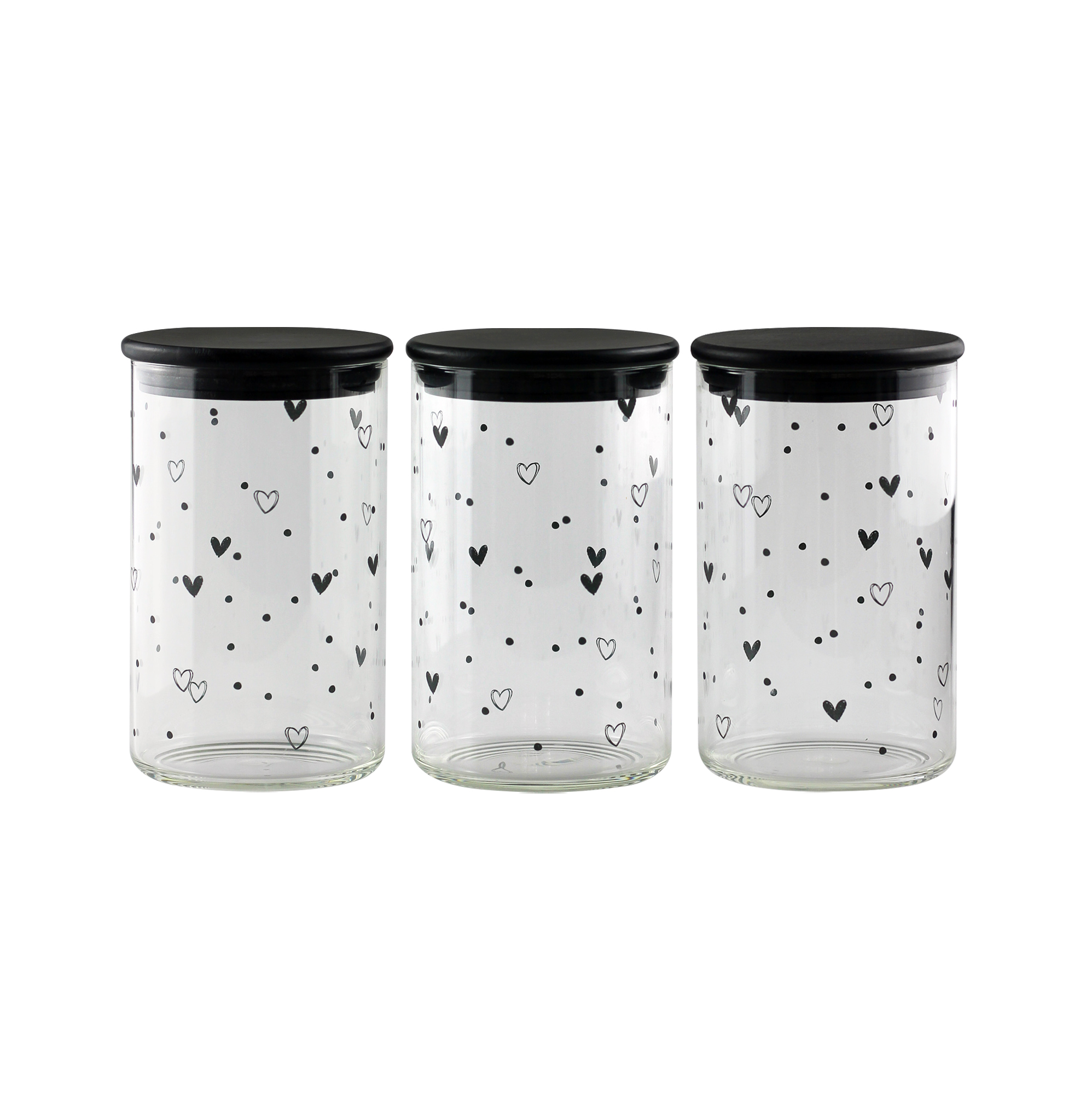 Set 3 Glass Black Heart and Dots Bamboo Storage Jars- Black lid 1000ml | Pretty Little Home