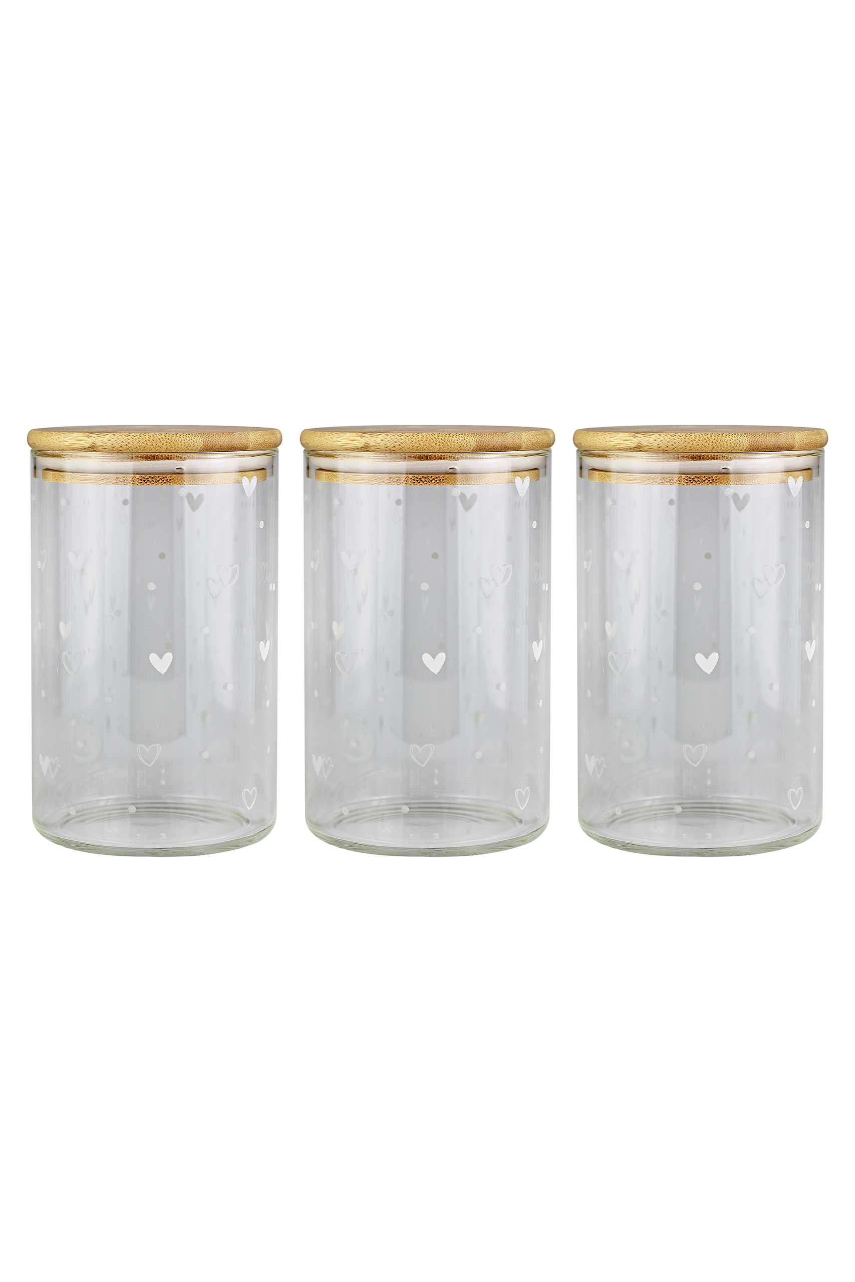Set 3 Glass Multi Heart & Dots Bamboo Storage Jars -Natural Lid 1000ml | Pretty Little Home