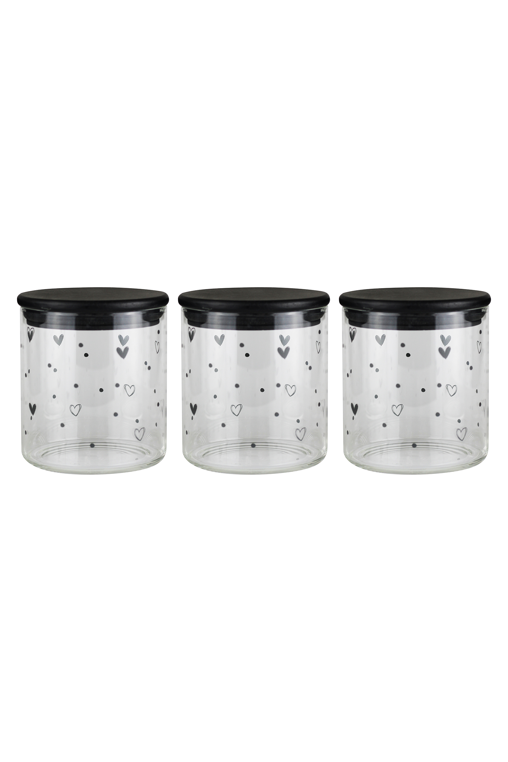 Set 3 Glass Black Hearts and Dots Bamboo Storage Jars - Black lid 600ml | Pretty Little Home