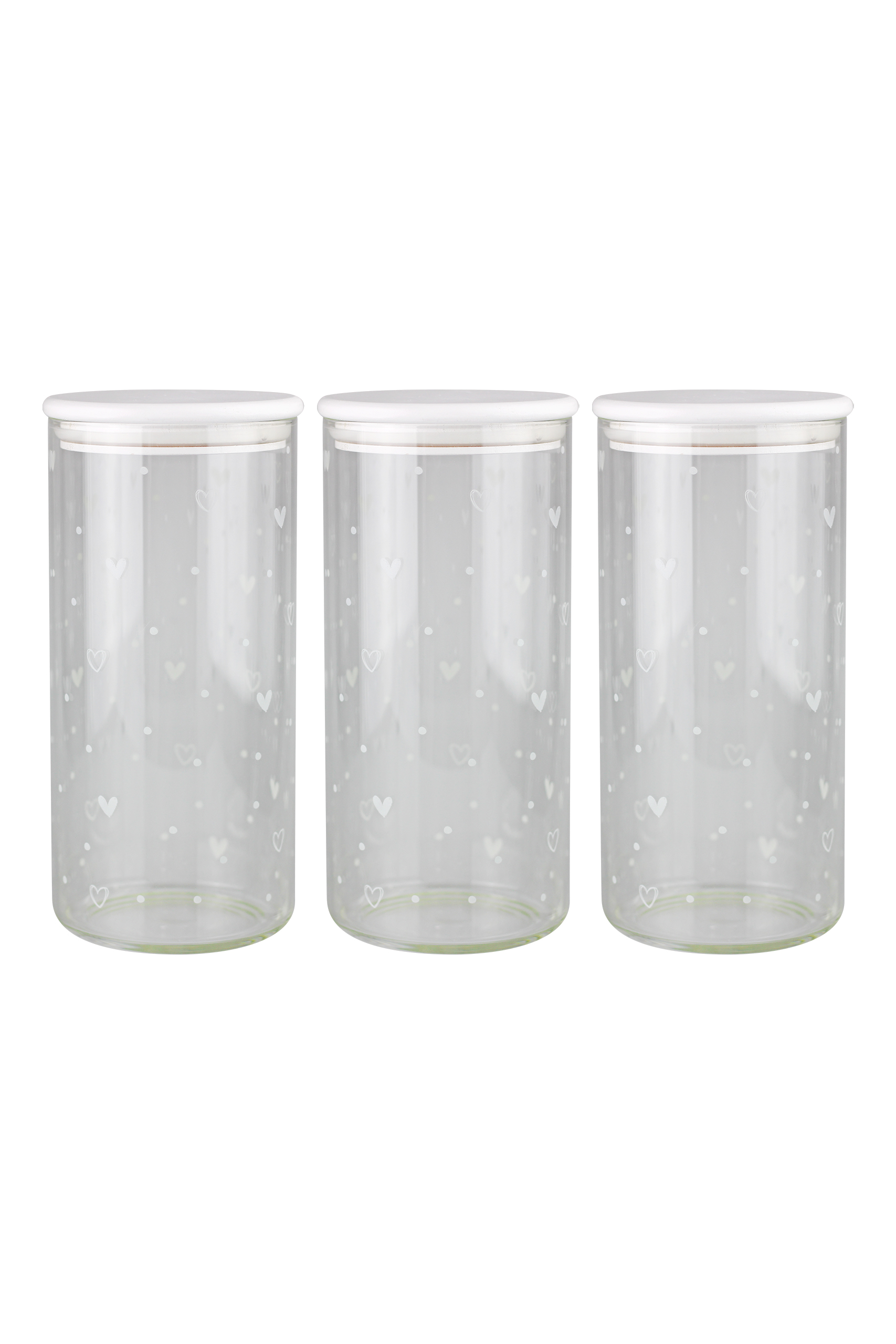 Set 3 Glass White Hearts and Dots Bamboo Storage Jars - White lid 1400 | Pretty Little Home