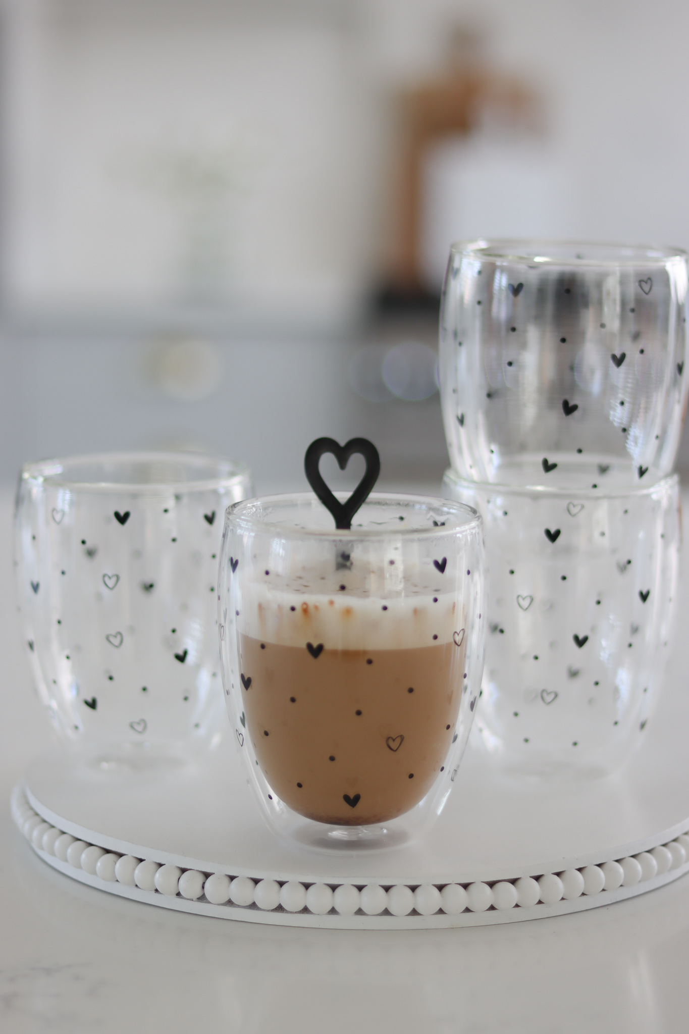 Set of 4 Hearts & Dots Double Wall Glasses - Black | Pretty Little Home